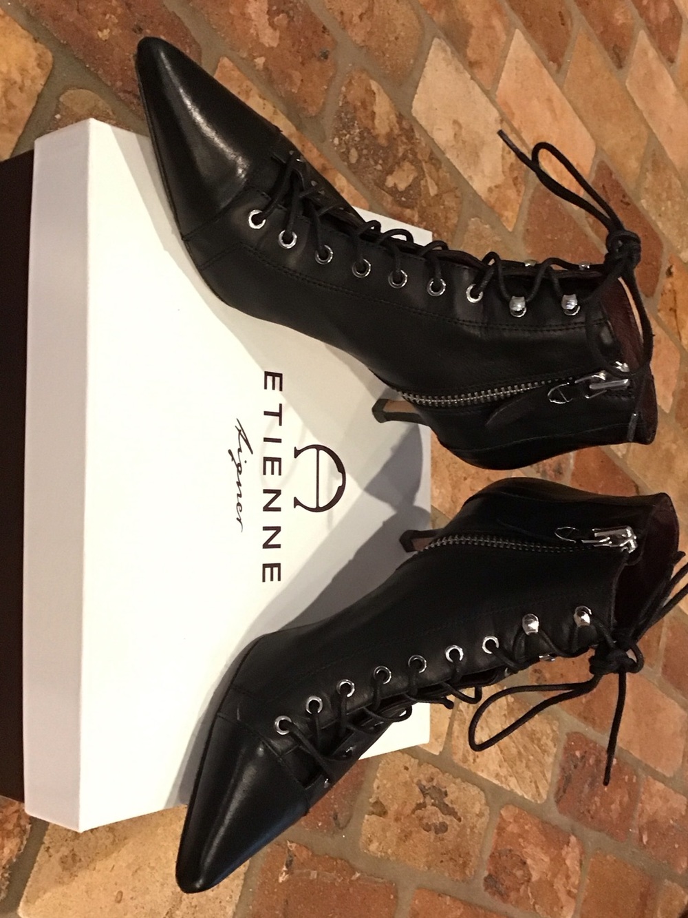 Etienne Aigner Black Pointed Lace-Up Ankle Boots with Side Zipper